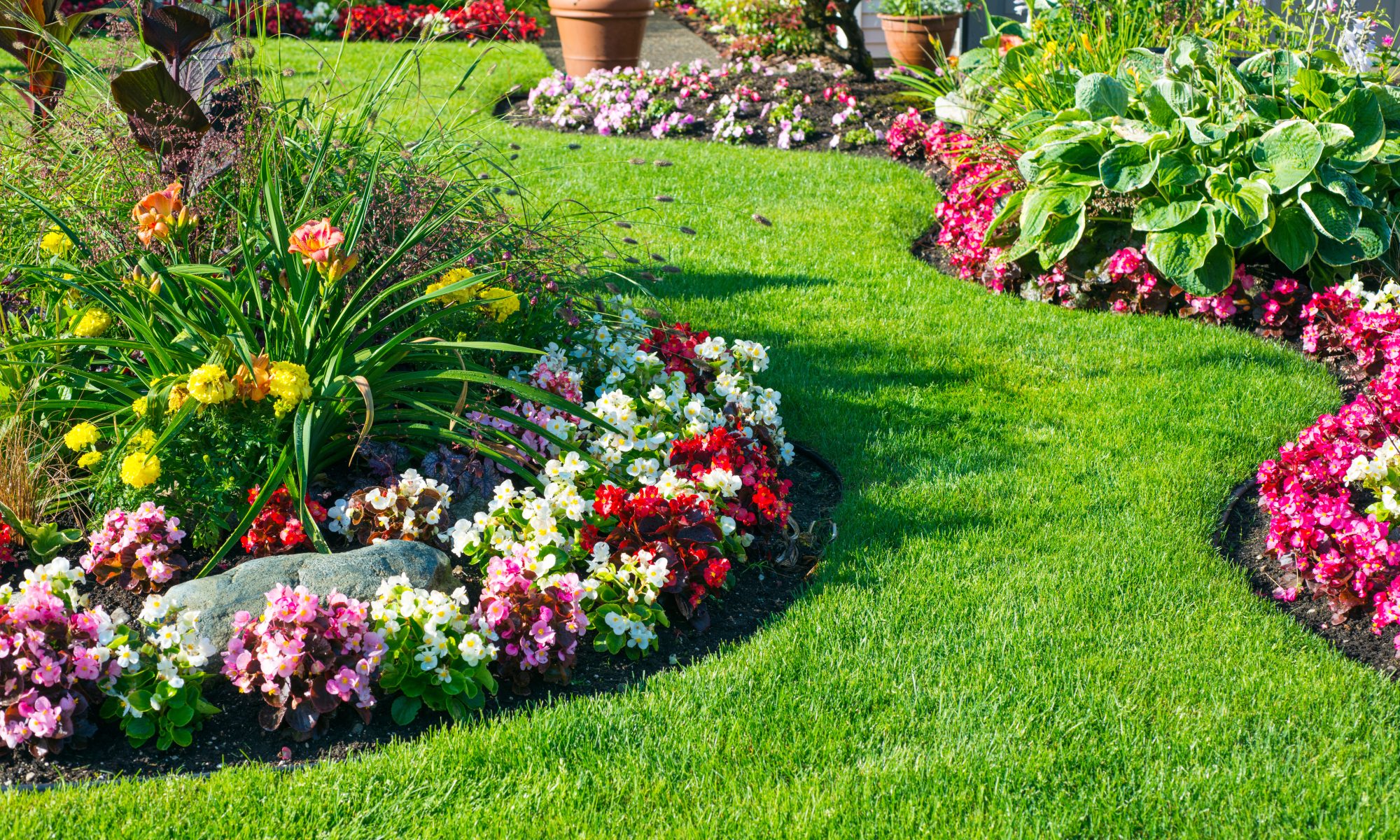 Curved flower beds with colorful blooms edging a green lawn, landscaping in Burr Ridge
